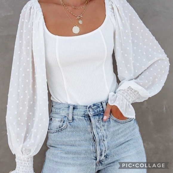 White Top/Bodysuit w/Sheer Popcorn Sleeves - Picture 1 of 4